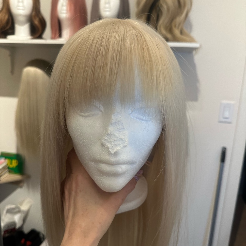 18 inch human hair platinum blonde wig with bangs